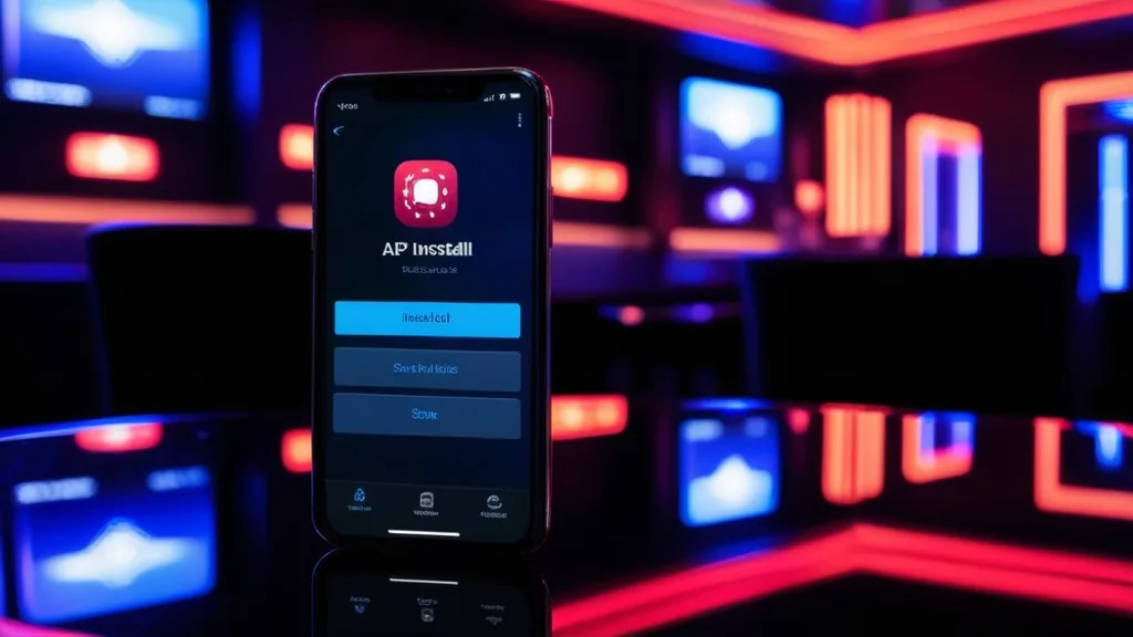 Κινητό με οθόνη εγκατάστασης APK σε σκοτεινό καζίνο με νέον φωτισμό